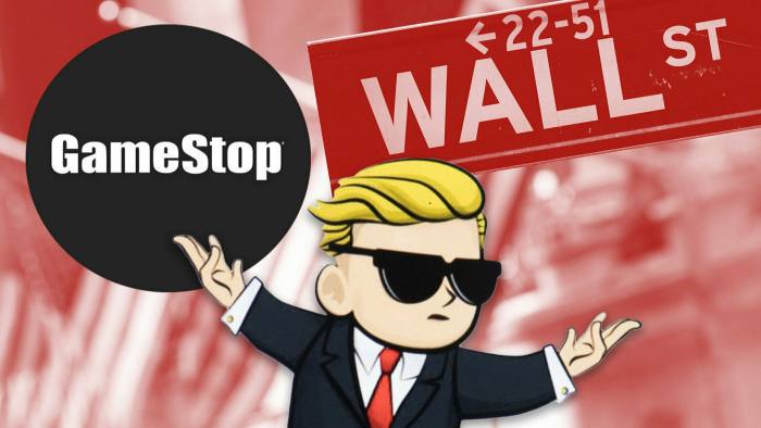 A montage of the logos for Reddit’s Wall Street Bets and GameStop and a Wall Street street sign 