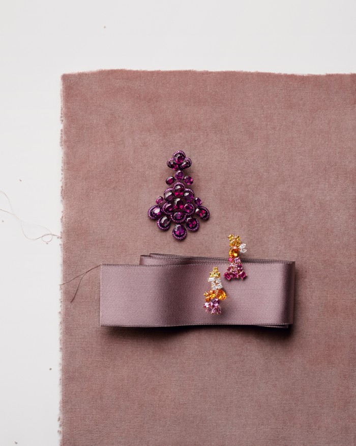 From top: Chopard titanium, rhodolite and pink-sapphire Red Carpet earring (sold as pair), POA. Dior Joaillerie pink-gold, diamond, spessartite garnet and pink- and yellow-sapphire Gem Dior earrings, POA. Julien Faure satin Envers Faille 42516 ribbon