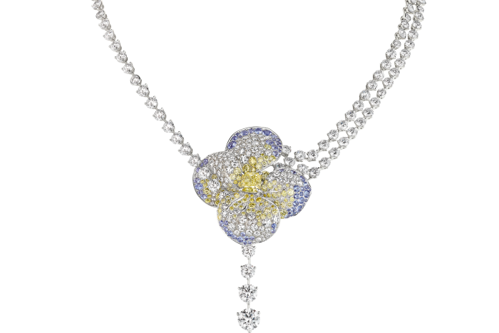 White-gold, white- and yellow-diamond and sapphire Pensée necklace, POA