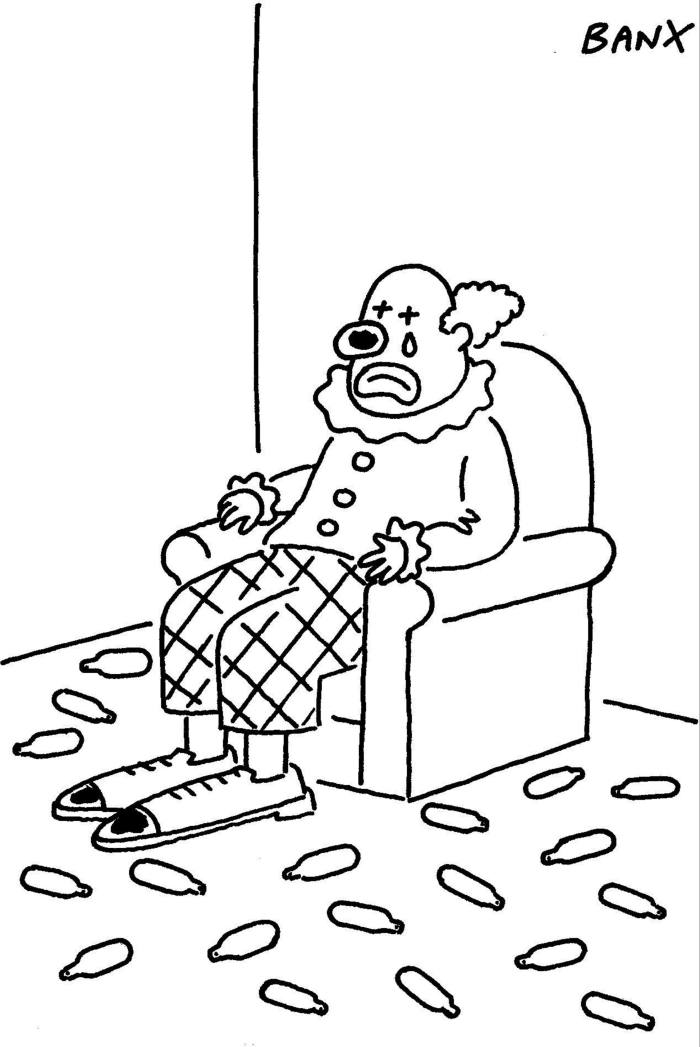 Cartoon of a sad clown seated on an armchair, with what look like ampoules strewn round the chair