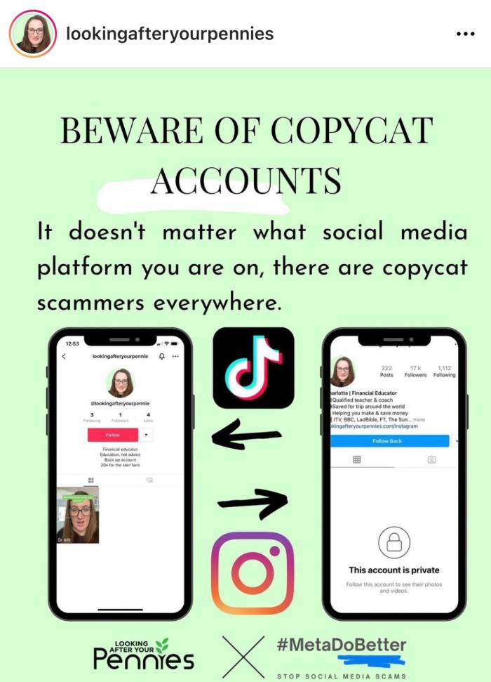 A warning social media post from lookingafteryourpennies headed “Beware of Copycat Accounts” 