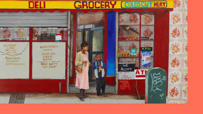 Painting of a woman giving a boy a drinks can outside a corner shop