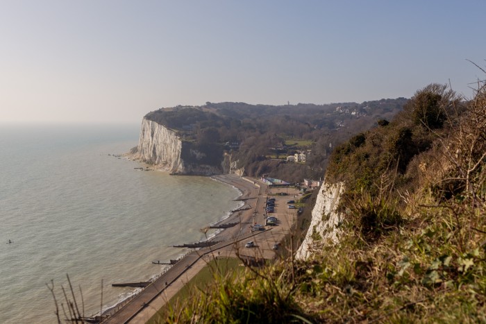 A view from a brambly clifftop over St Margaret’s Bay in Kent 