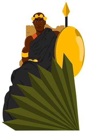 An illustration of a male African hero holding a shield and spear