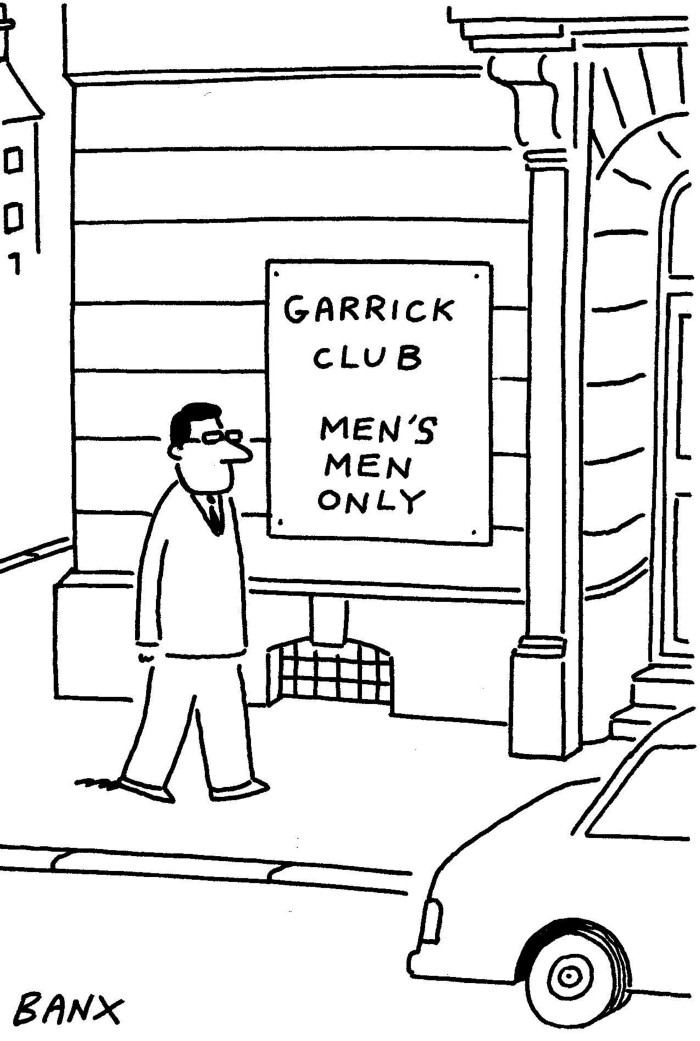 A Banx cartoon of a man passing by Garrick Club