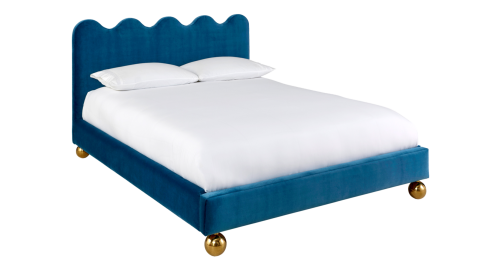 A large bed with thick mattress, two pillows and a wavy headboard