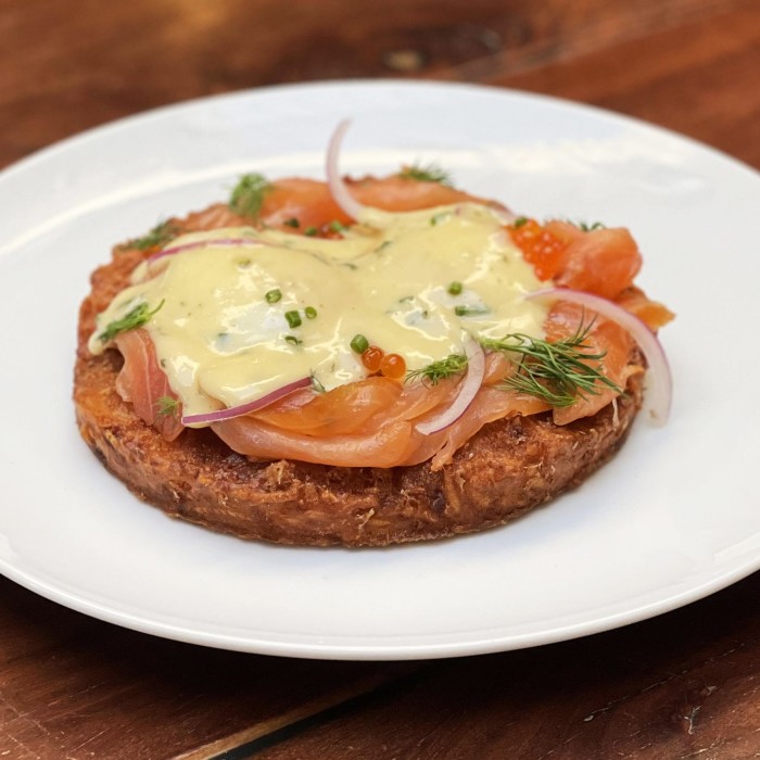 République’s potato pancake topped with smoked salmon and hollandaise sauce