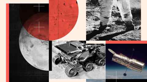 Montage of images of the Moon, the Mars rover, the James Webb Space Telescope and an astronaut’s feet on the moon