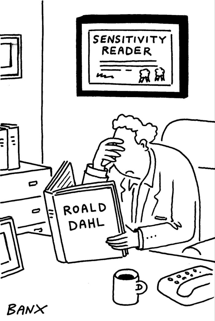 Cartoon of a man seated behind his desk and covering his eyes while reading a book titled Roald Dahl