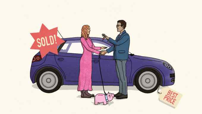 Illustration showing a man handing over a key and shaking hands with a woman whose hand is tied to a piggy bank. Behind them is a purple car marked sold and with a tag that says ‘Best Price’