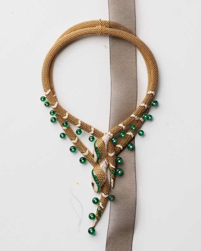 Bulgari gold, emerald and diamond Magnifica Serpenti necklace, POA. Julien Faure Opalin 42618 ribbon