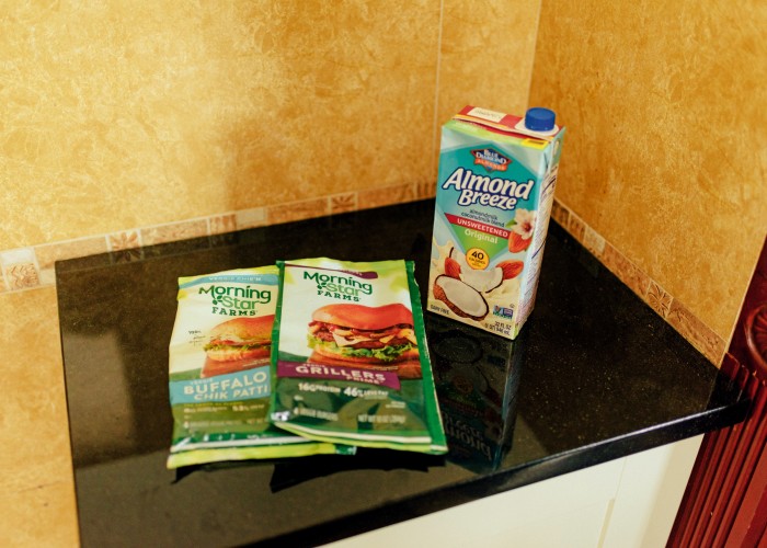 MorningStar Farms vegetarian burgers and almond milk – always in Dan’s fridge