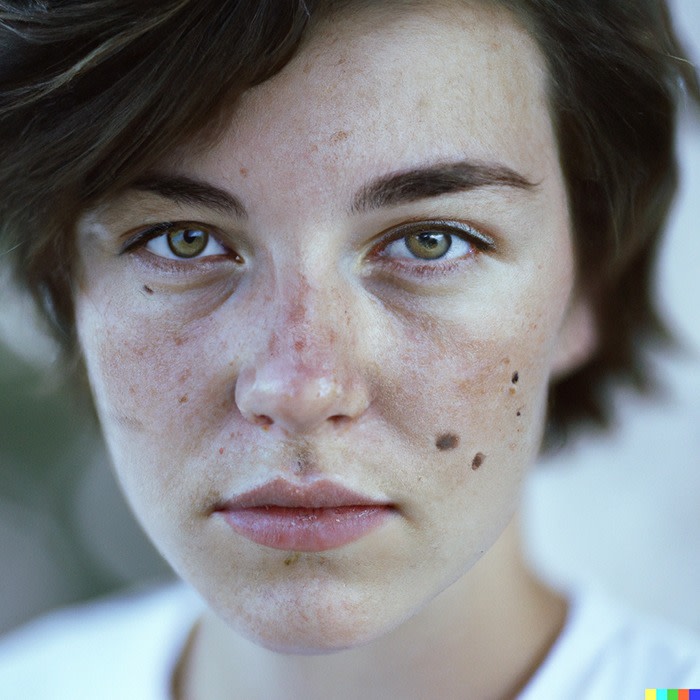 A photograph of a woman made by the FT with Dall-E 2, using a prompt written by Redditor AnyTip8636. (The prompt was: Detailed and realistic portrait of a woman with freckles, round eyes and short messy hair shot outside, wearing a white t shirt, skin texture, chapped lips, soft natural lighting, portrait photography, 85mm lens, magical photography, dramatic lighting, photo realism, ultra-detailed, intimate portrait composition, Cinestill 800T --testp --ar 9:16 --upbeta --)