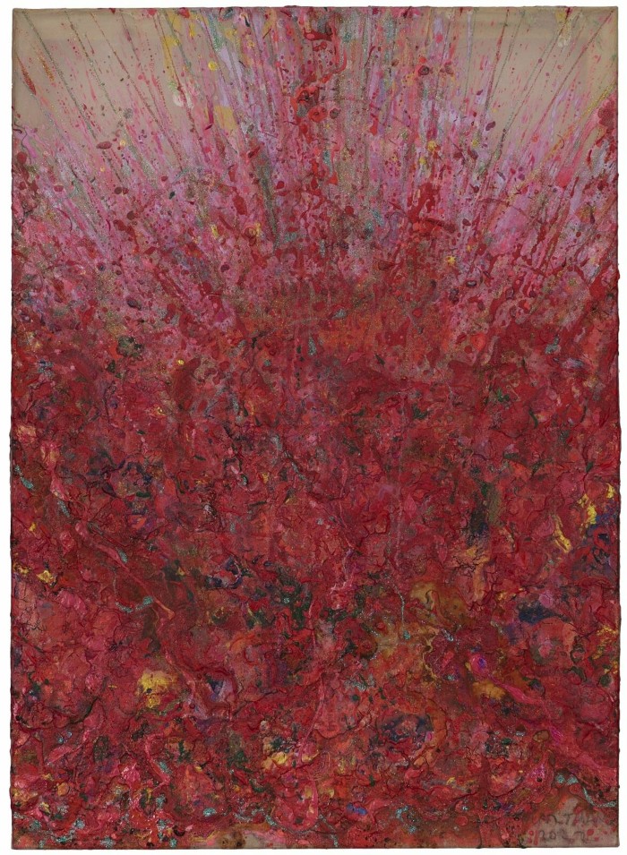 A textured, abstract canvas in various shades of red