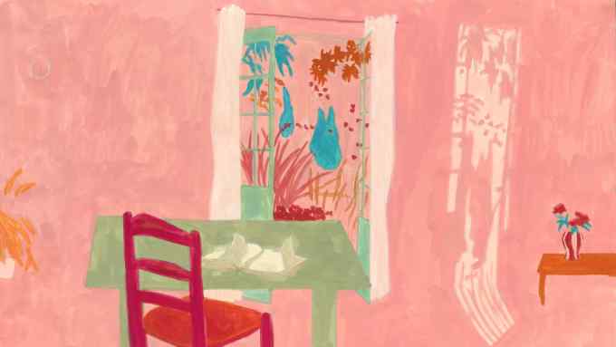 Illustration of a desk and chair looking out of an open window to a garden