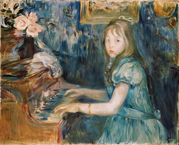 An oil painting with free brushstrokes of a girl in a blue dress at the piano
