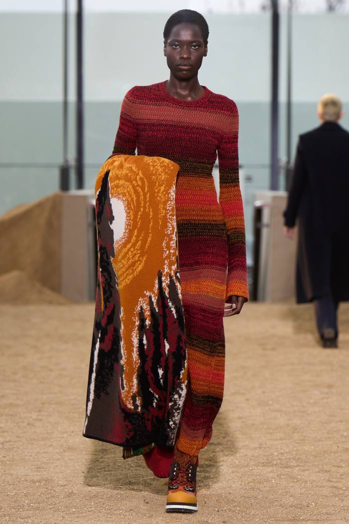 Sunset orange crewneck dress, £1,651, true forest cashmere scarf, £3,014, and Nikie ankle boots, £1,005, all Chloé AW22