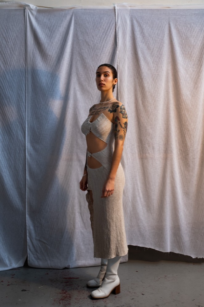 Namita Khade made-to-measure linen and cotton Freshwater Pearl dress, as seen on Kim Kardashian