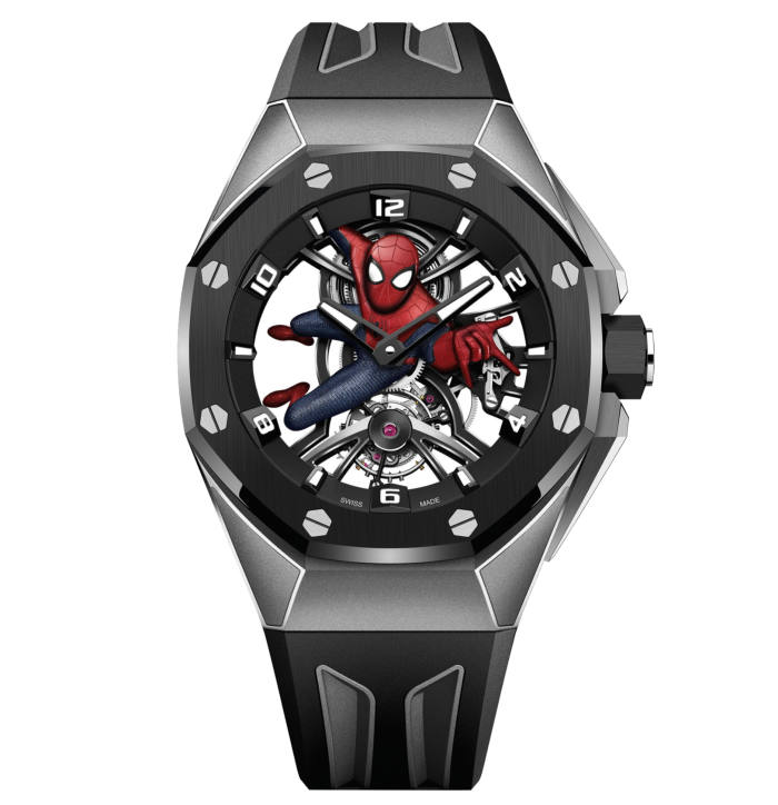 A luxury watch with an octagonal bezel and a face showing Spider-Man
