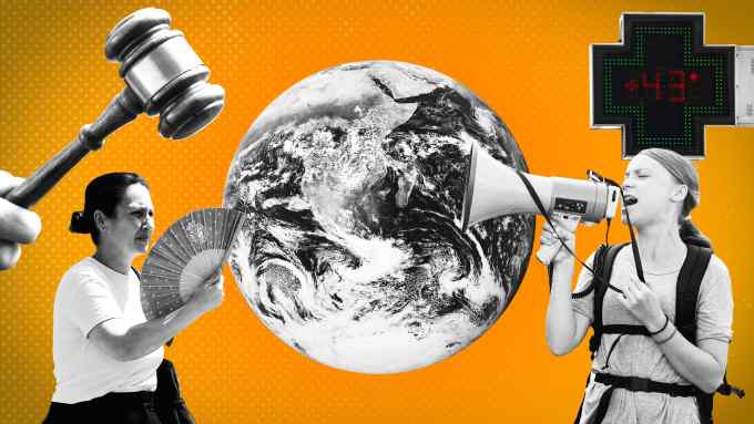 Montage image of a hammer, the Earth, Greta Thunberg, a woman with a hand fan and a temperature reading of 43C