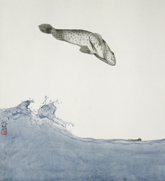 In a painting, a white fish covered in grey dots is captured flying over a semi-transparent, wavy body of water against a white, empty background.
