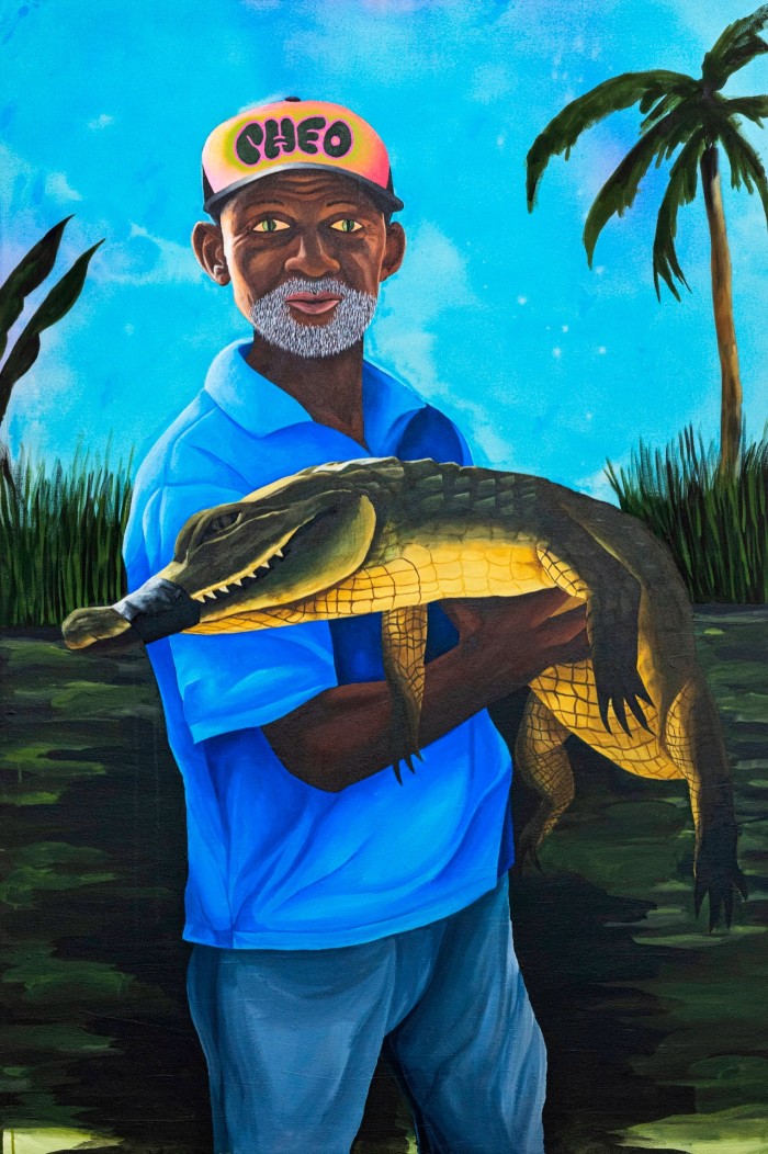 Painting of a man in a blue polo shirt holding a miniature alligator