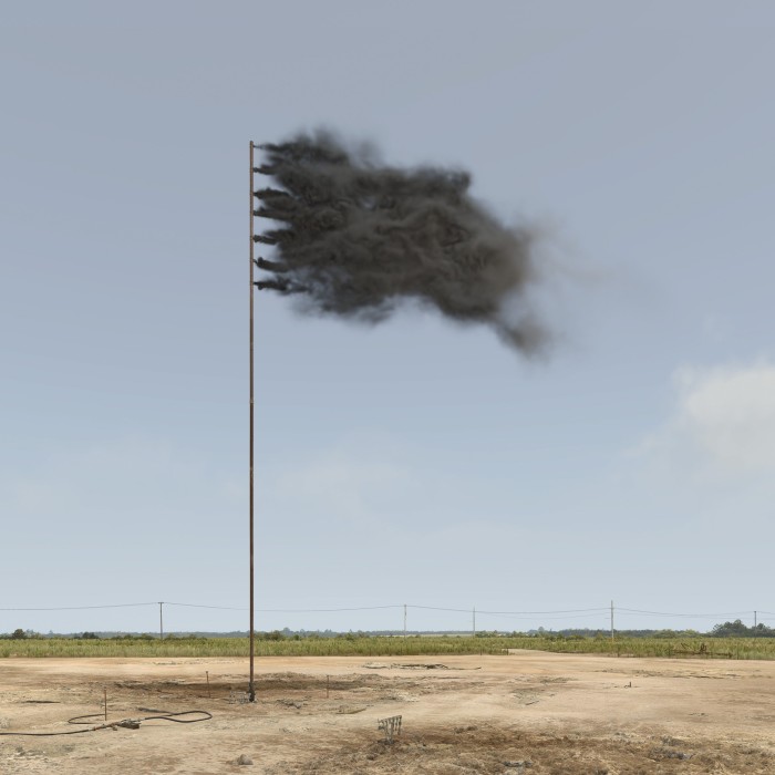 Imagine a flag on a pole in a desert, except the flag is blowing away into black smoke