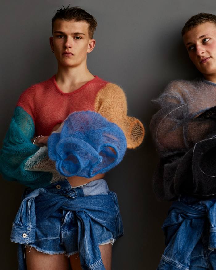 William and Charlie both wear Loewe mohair sweater, and denim jumpsuit, both POA. Bracelet, model’s own