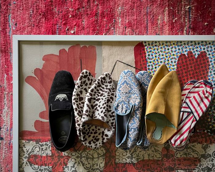 A few of his slippers – (from left) Church’s, fake leopard ponyskin by Le Fil d’Or Marrakech, handmade printed silk by Vibi Venezia, yellow babouches from Tangiers and Spanish espadrilles by Casa Hernánz in Madrid