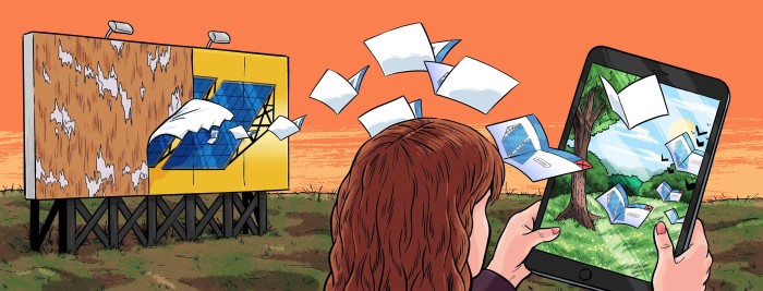 The image depicts a stylized illustration showing a person from behind, holding a large tablet. The tablet screen displays an augmented reality (AR) view of papers flying out of a traditional mailbox and swirling in the air, blending into a digital environment. The papers appear to transform into digital emails as they move from the physical mailbox towards the tablet screen