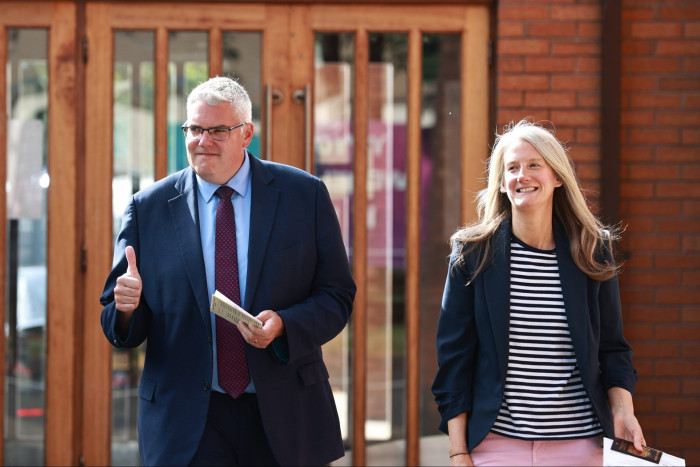 DUP leader Gavin Robinson and his wife Lindsay after casting their votes in Belfast