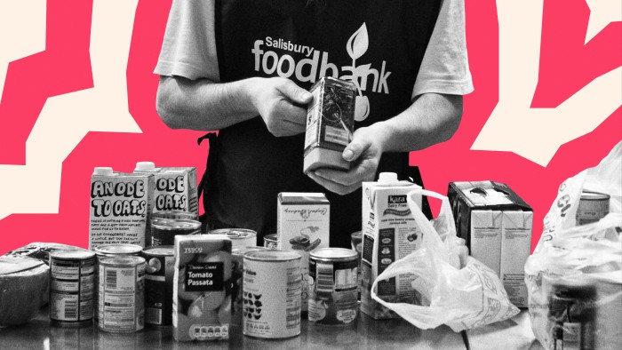 Cutout of black and white image of a person with a jumper saying ‘Salisbury food bank’ with tins and cartons of food arrayed on a table in front of them against a bright pink and white background. 