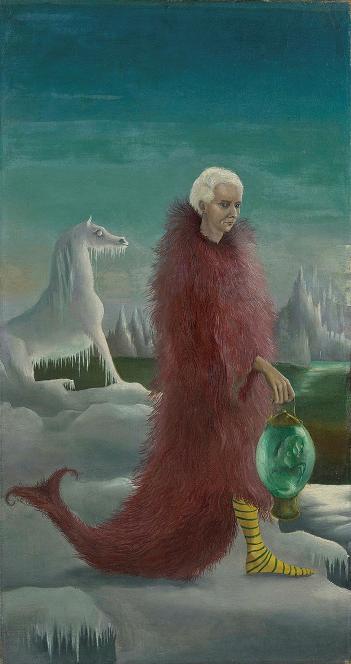 Painting of a man with white hair wearing a red fur robe with a fishtail and yellow and green striped socks. He is holding a green lantern. The landscape behind him is covered in ice, including a figure of a white horse dripping with icicles 