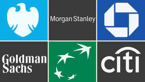 Montage of logos from Barclays, Morgan Stanley, JPMorgan Chase, Goldman Sachs, BNP Paribas and Citigroup