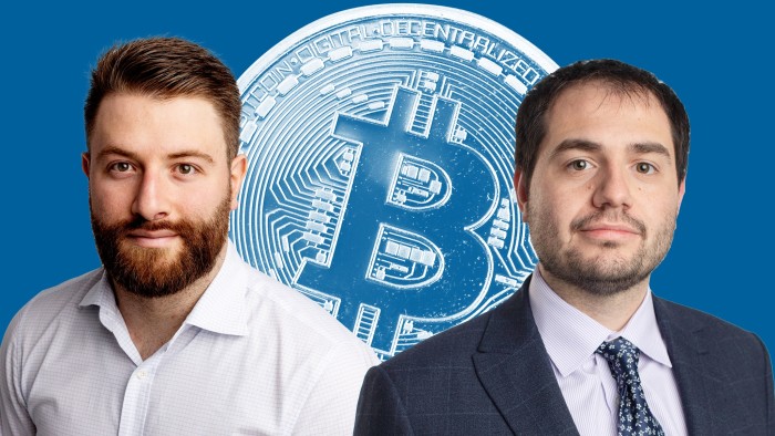 Scott Chipolina, left, and Adam Samson with a bitcoin logo in the background