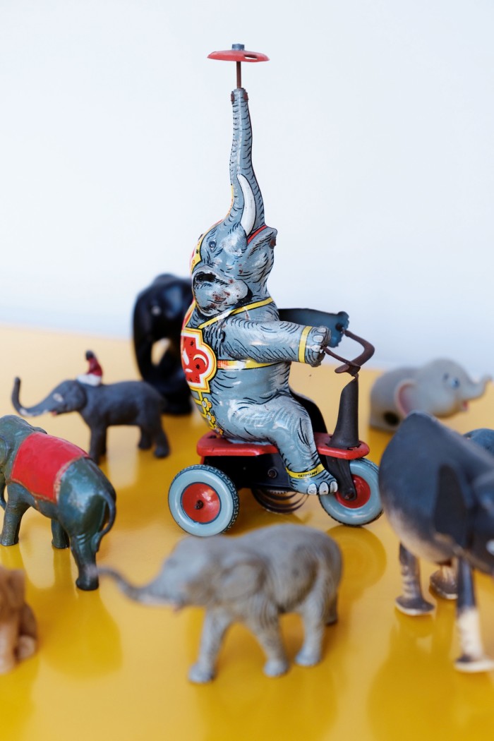 Part of his collection of model and toy elephants