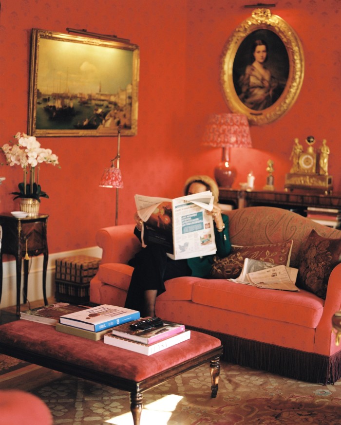 Princess Ira von Fürsenberg in her red salon in her Madrid apartment