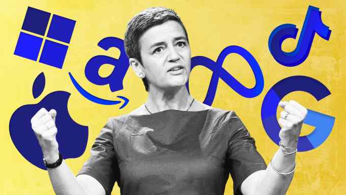 FT montage of the EU competition commissioner Margrethe Vestager surrounded by Big Tech logos