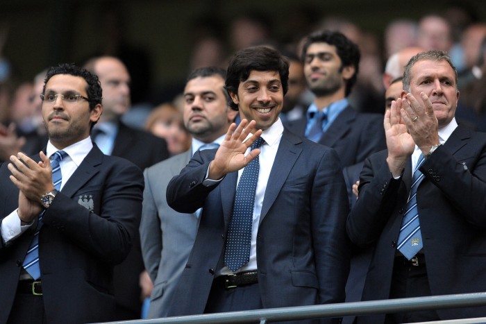 Manchester City’s owner Sheikh Mansour bin Zayed Al Nahyan waves to the crowd