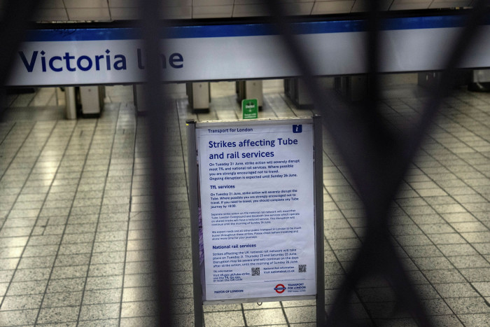 A strike information board at Pimlico Underground station