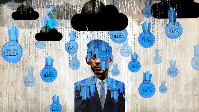 Jonathan McHugh illustration of black clouds over Rishi Sunak’s head as blue election rosettes with the message ‘Vote July 4th’ rain down on him