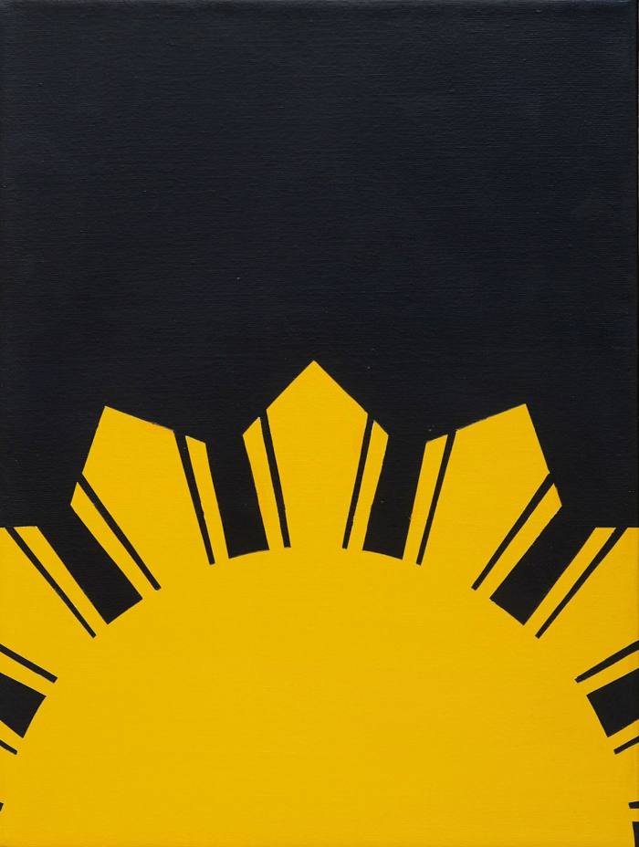 A painting of the sun emerging from the bottom of the frame on a black background