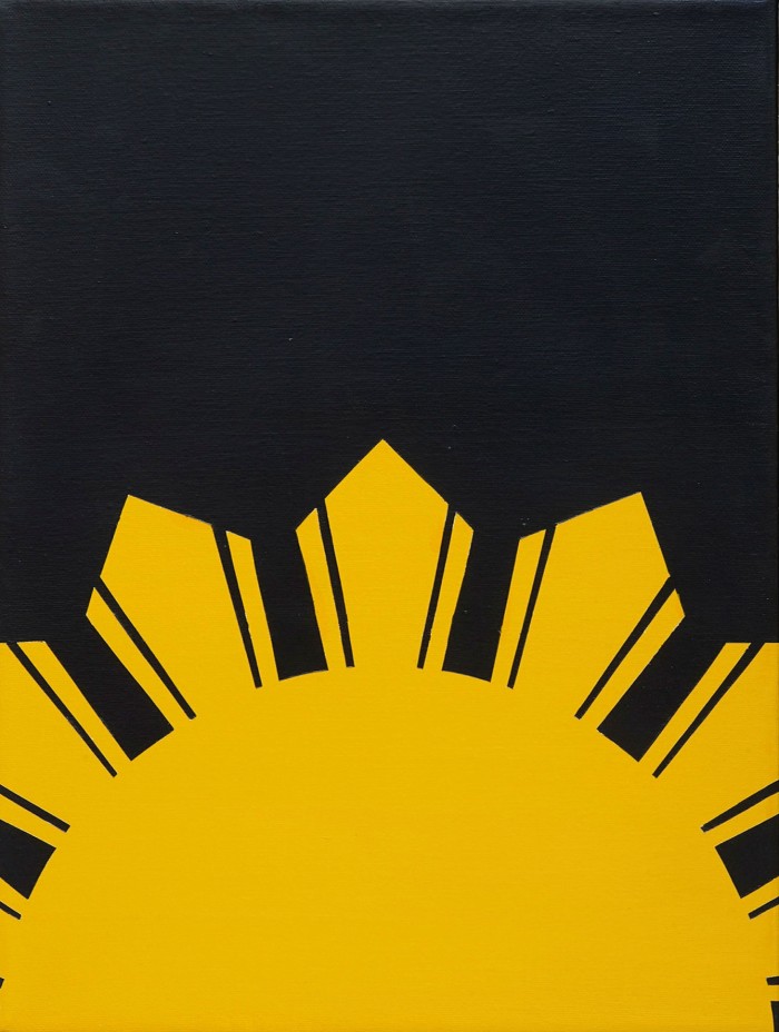 A painting of the sun emerging from the bottom of the frame on a black background