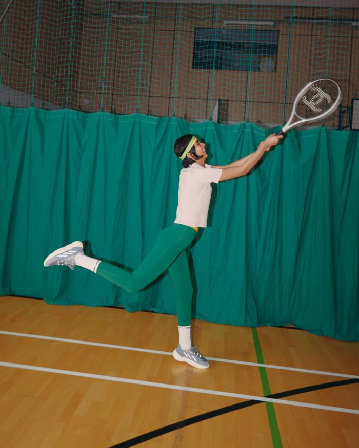 Marsella wears Chanel cashmere top, £2,680, and tennis racket, POA. Live The Process Supplex bodysuit, £175. Adidas trainers, £75. Bombas cotton socks, £16. Headbands, hair stylist’s own 