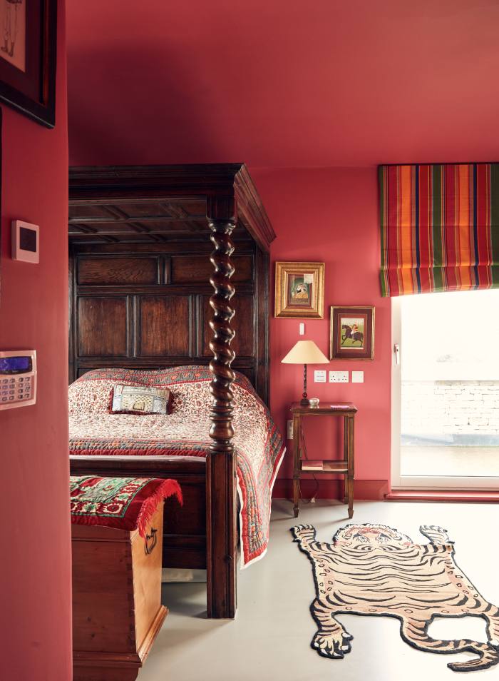 The decor in Playfair’s bedroom is inspired by his travels