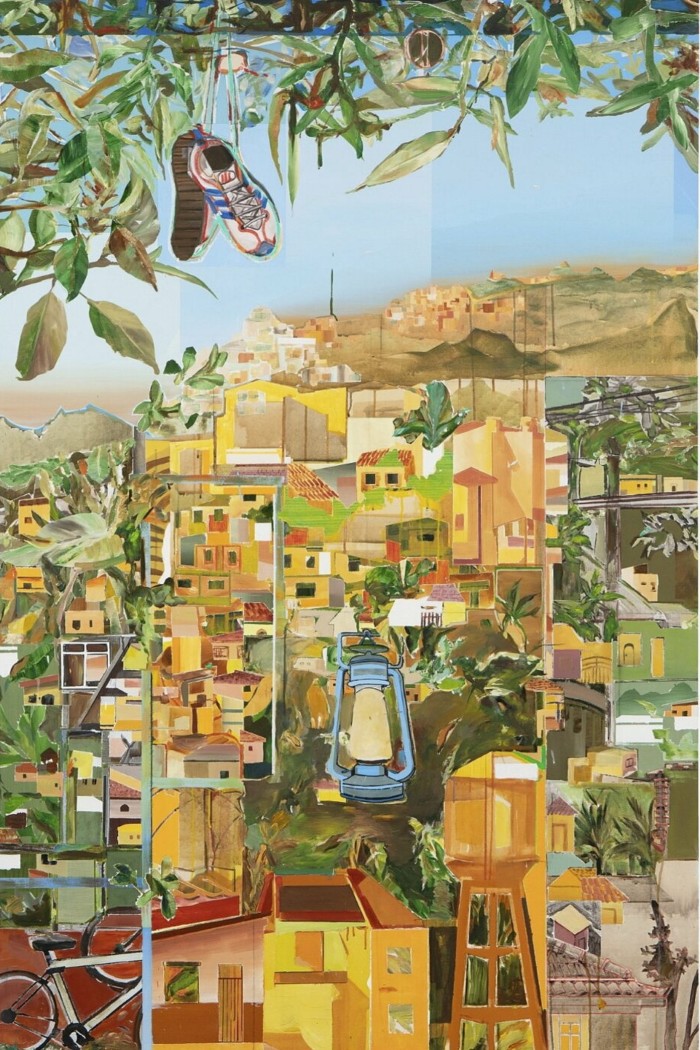 Collage painting of blocks of flats on a hillside with a pair of trainers hanging down, an oil lamp and a bicycle frame