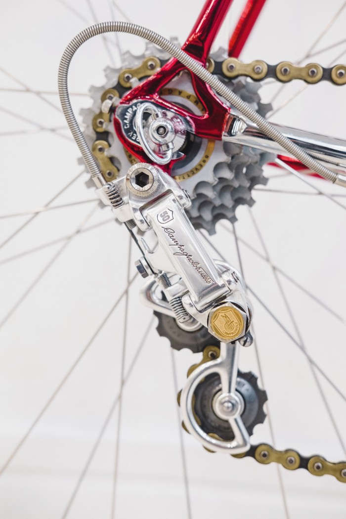 The rear derailleur from Campagnolo’s 50th-anniversary groupset on Reichman’s Jack Laverack Classic