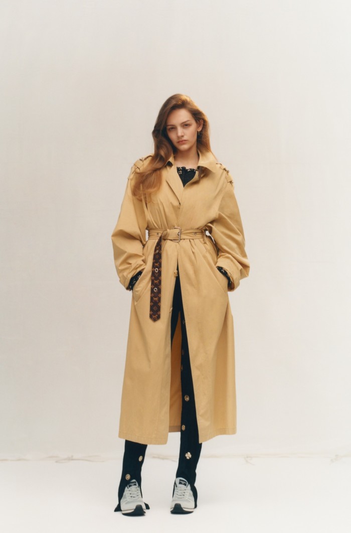 Louis Vuitton poplin trench coat, £3,200. Chanel stretch-jersey jacket, £5,190 (just seen), and jersey velvet trousers, £2,745. Mizuno for Margaret Howell running shoes, £225. Bottega Veneta sterling-silver earrings, £270 for a pair