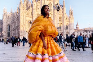 Kebede modelling a puffer gown by Pierpaolo Piccioli for Moncler, in Milan, 2019