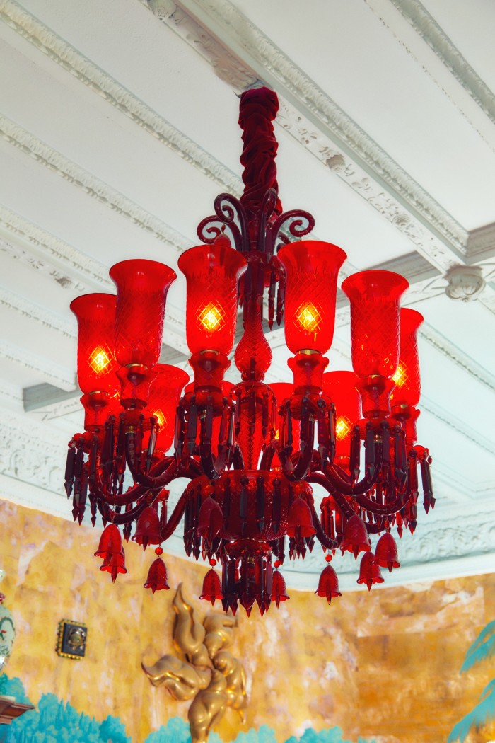 Her red glass chandelier from Jaipur